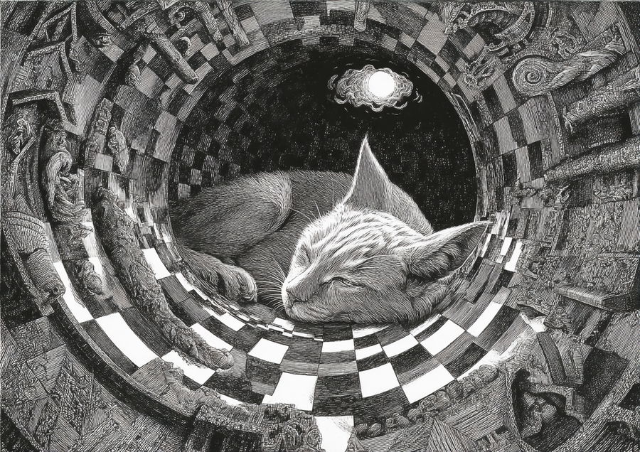 Surreal scene of calm amidst chaotic animal-morphing checkerboard