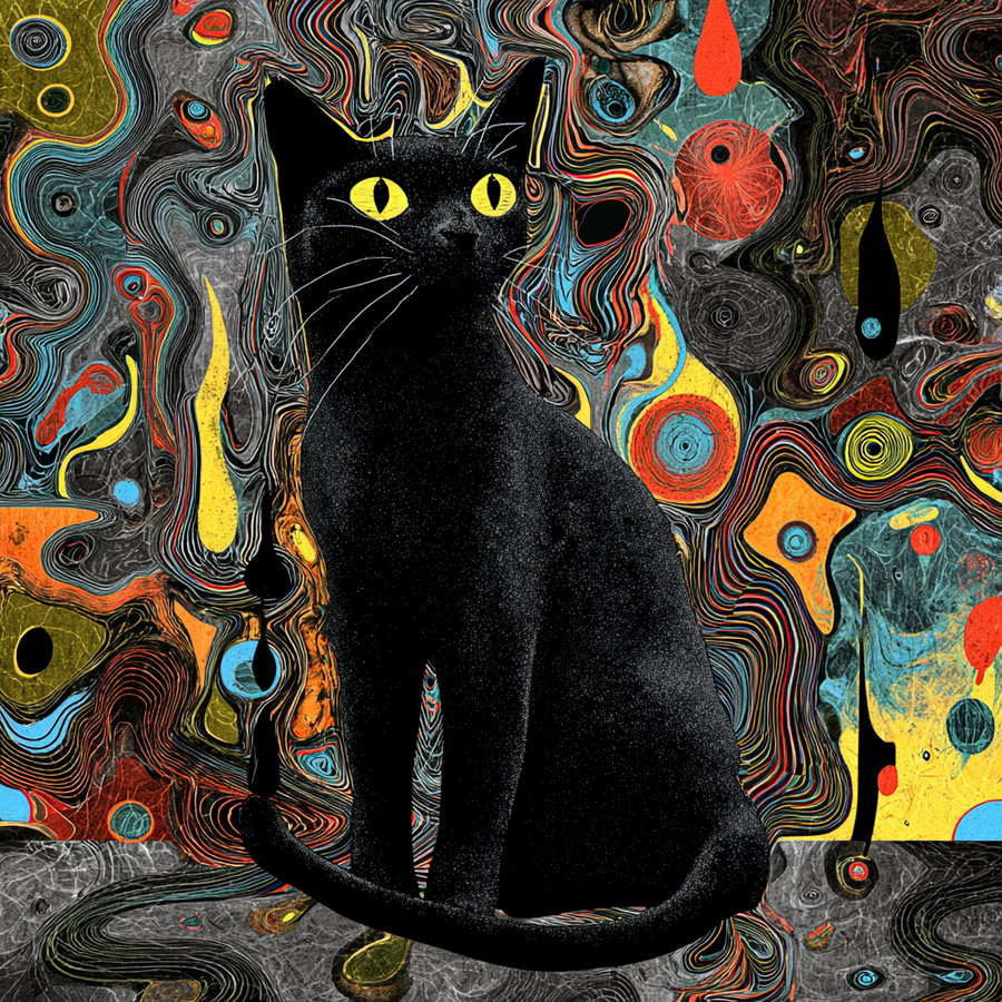Surreal abstract black cat with vibrant swirling colors