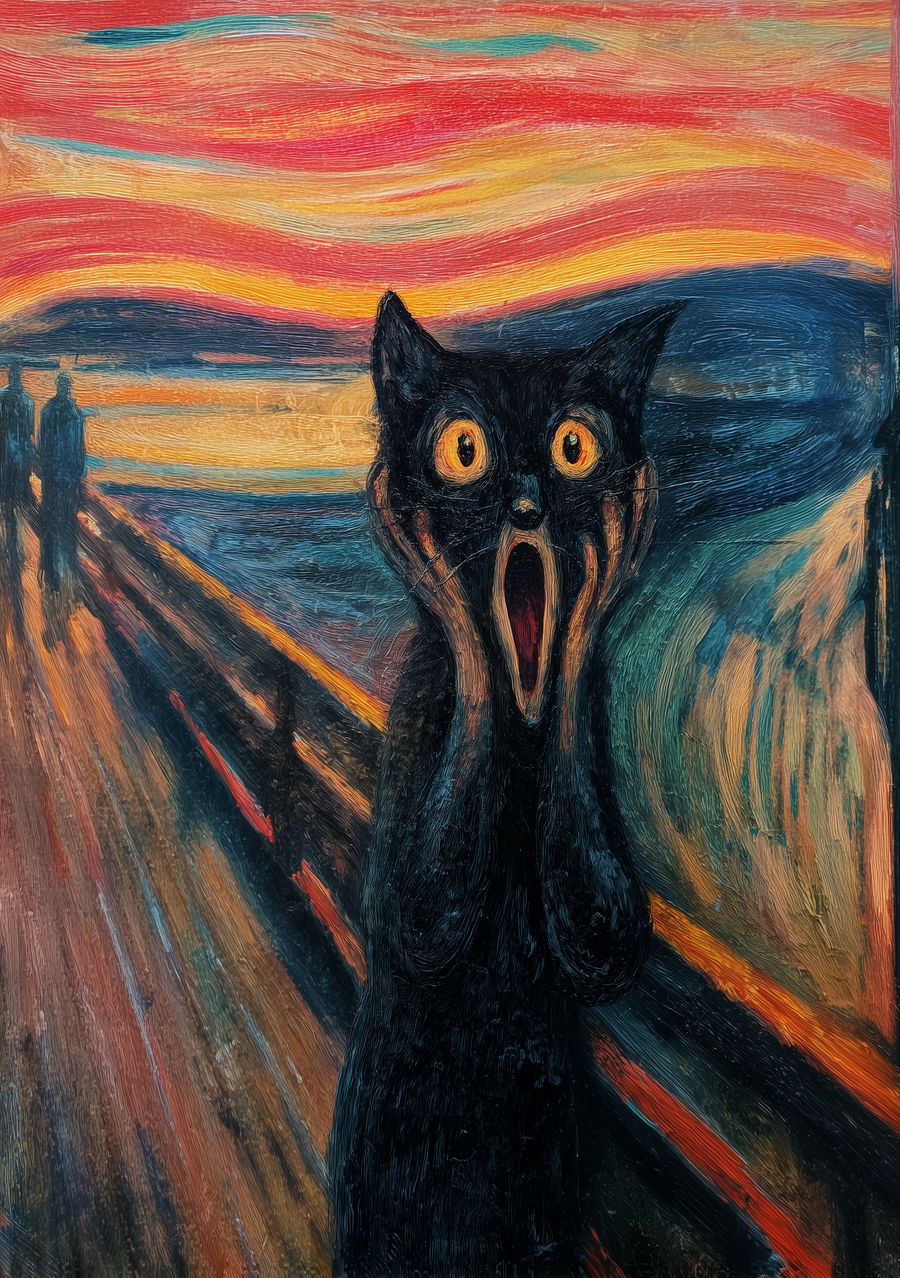 Terrified black cat mimics The Scream in surreal painting