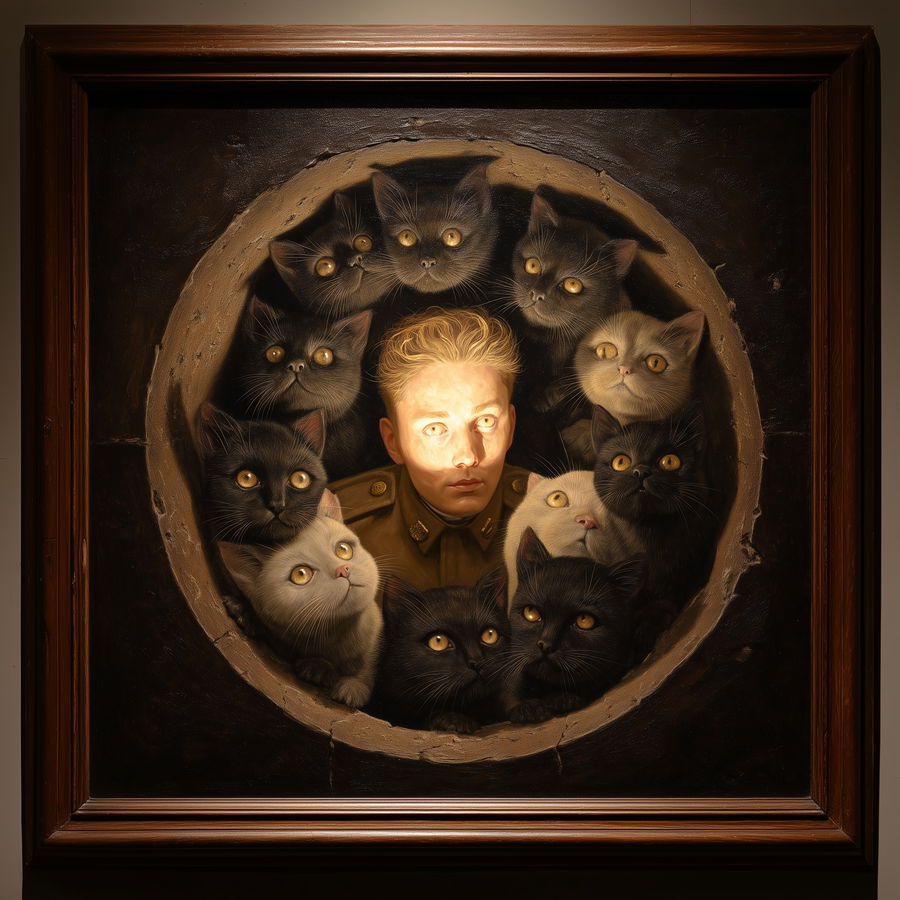 Surreal oil painting of cats and man in tunnel