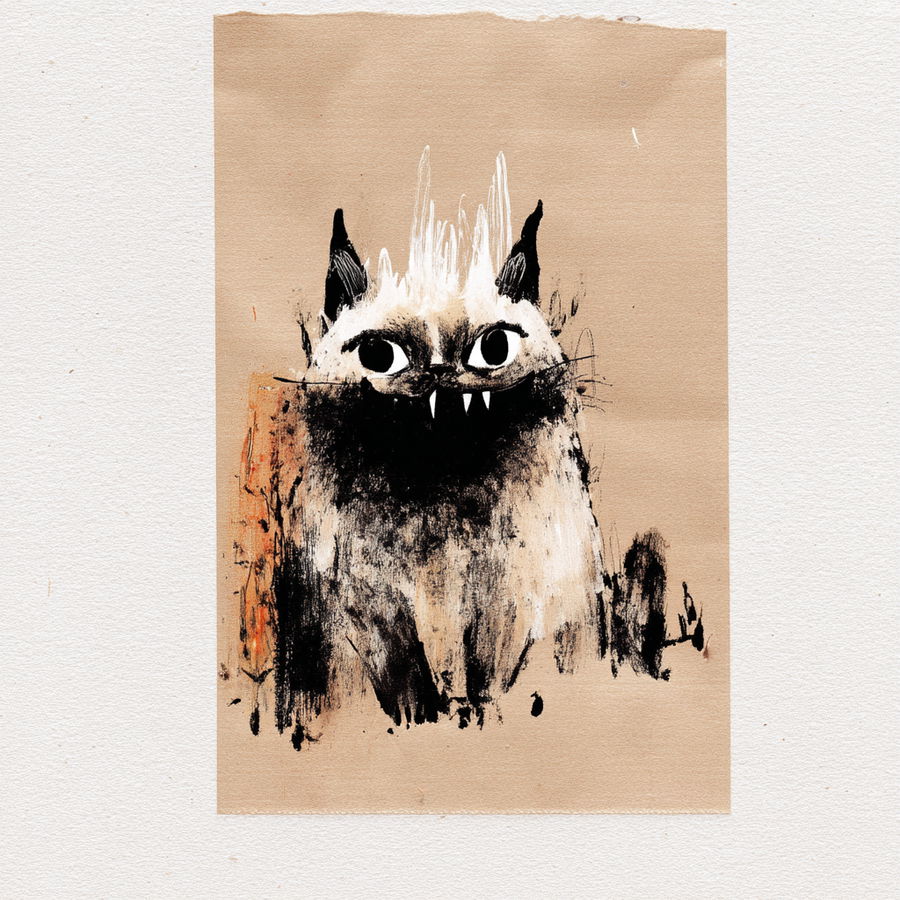 Surreal anthropomorphic cat sketch with fangs and expressive colors
