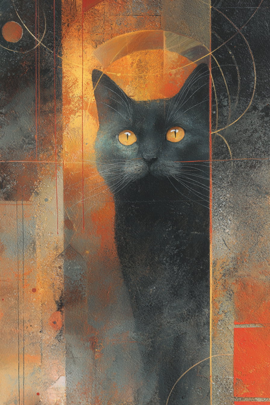 Surreal painting of an elegant black cat with golden eyes