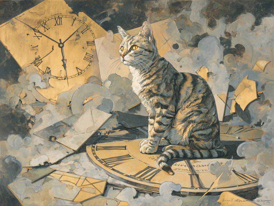 Stray cat on broken clock parts with glowing eyes