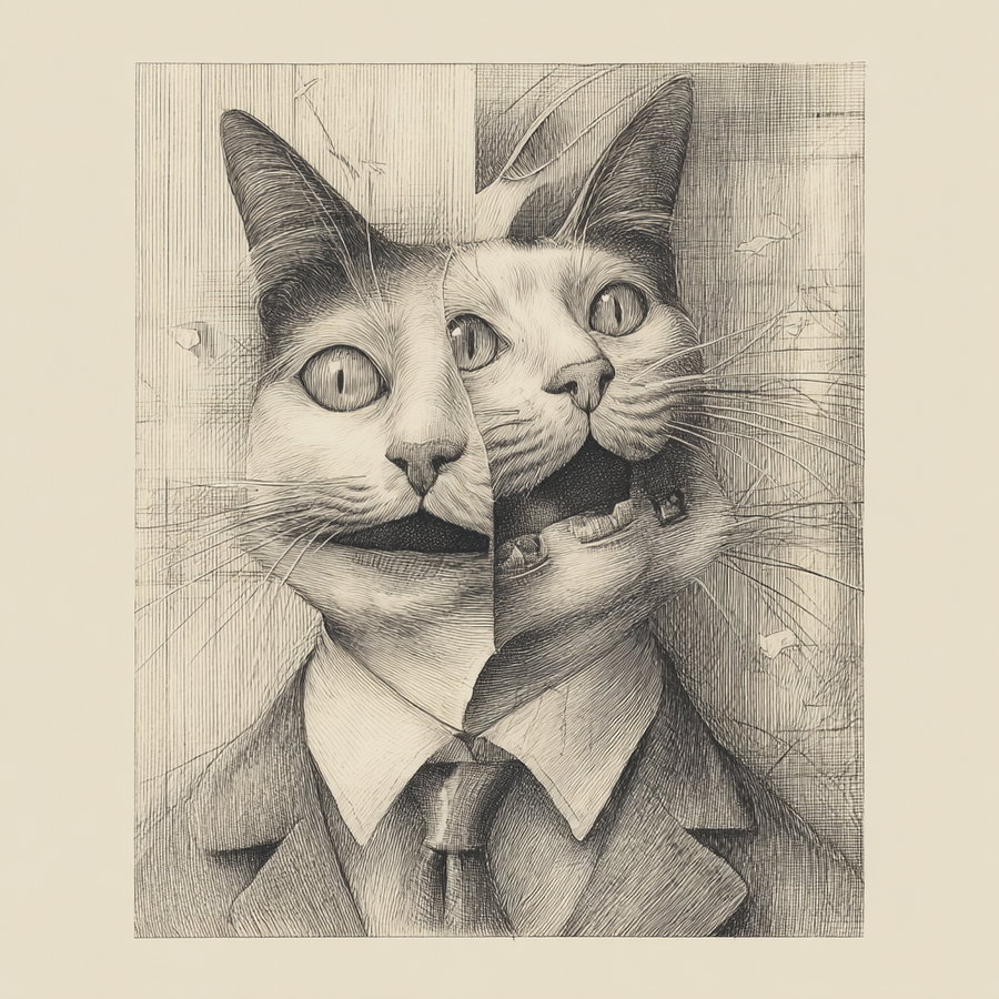 Surreal pencil drawing of a cat with multiple personalities