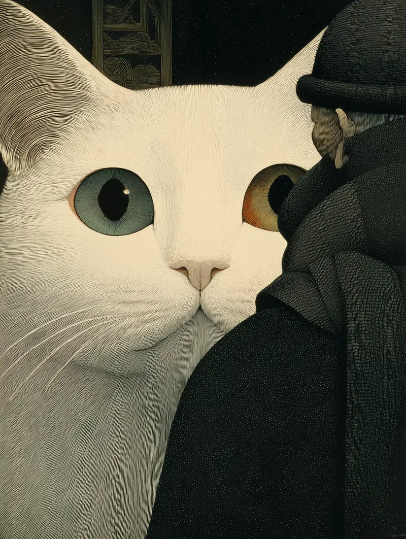 Surreal Cat Illustration with Unique Eye Colors for Home Decor Inspiration