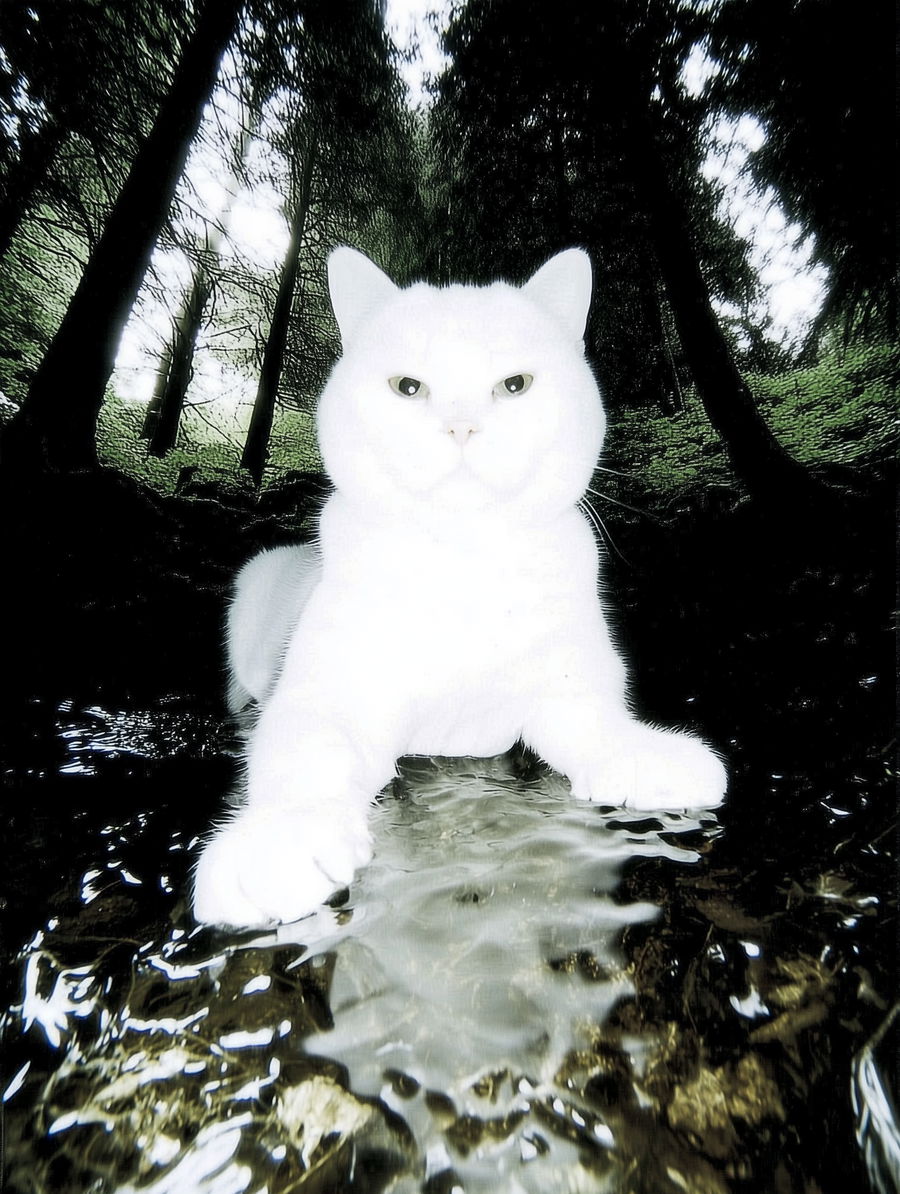Surreal British Shorthair cat on wet forest ground at night