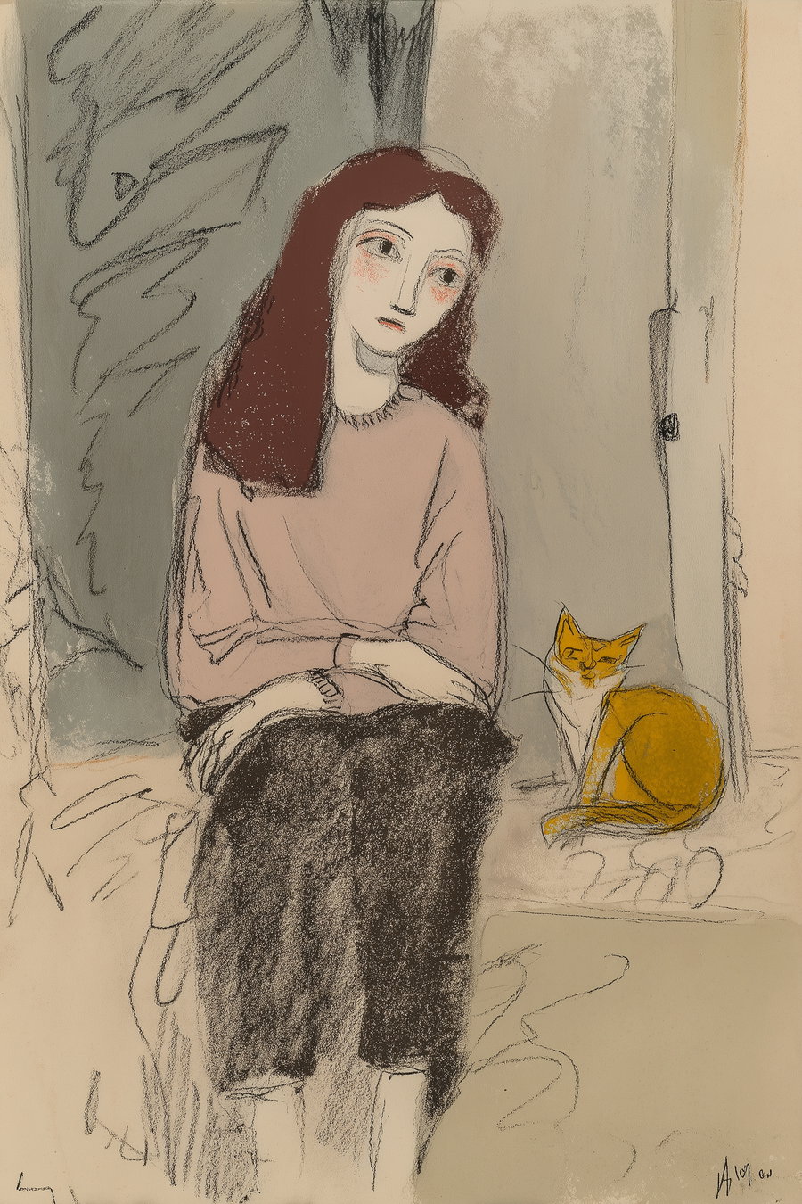Woman with brown hair and orange cat by window