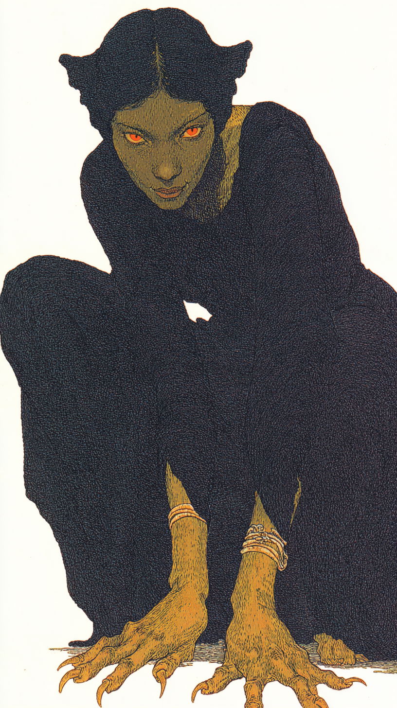 Surreal illustration of a slender woman in predatory crouch