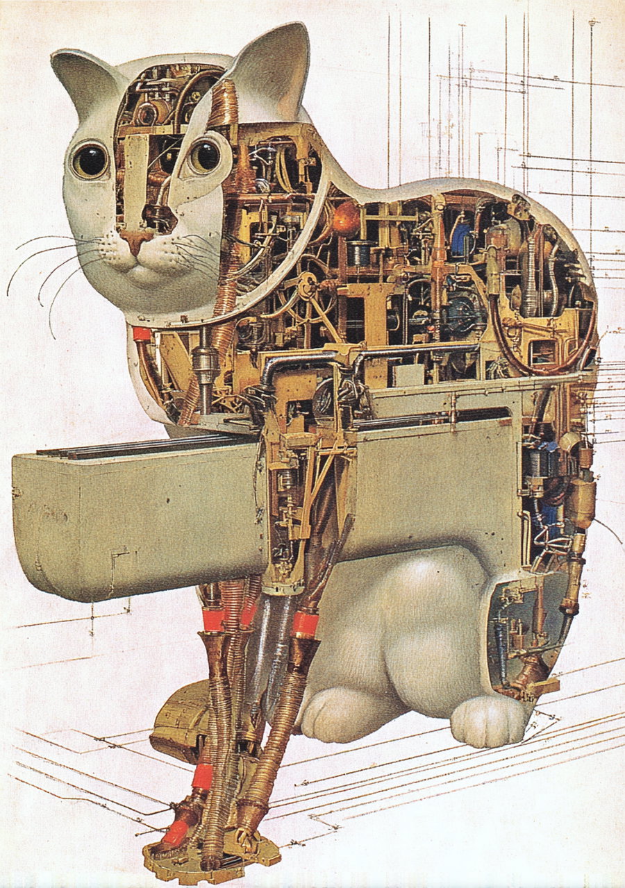 Surreal landscape with dreamlike figures and twisted nature elements