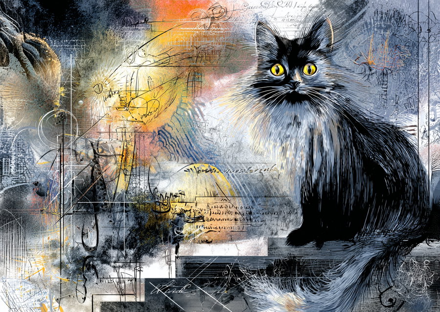 Surreal black and gray cat with dreamlike features