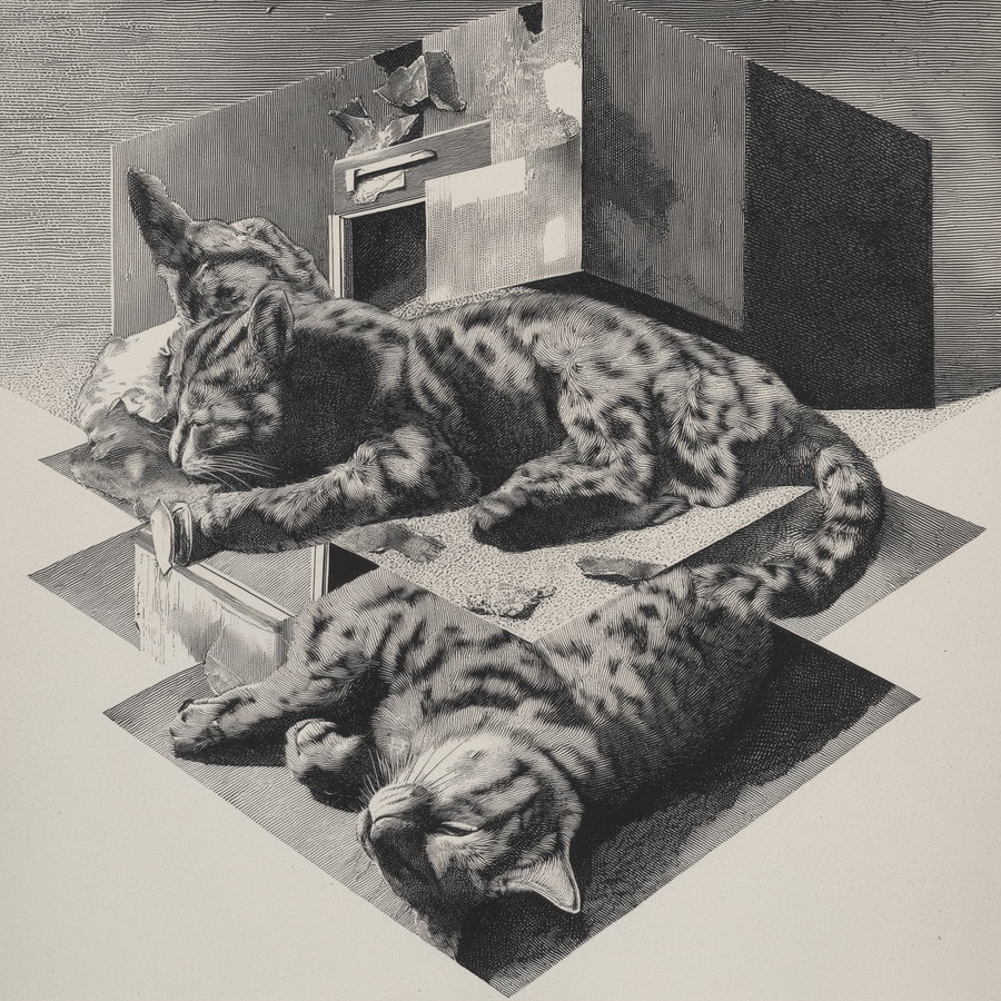 Surreal scene of a fragmented mailbox and sleeping cat