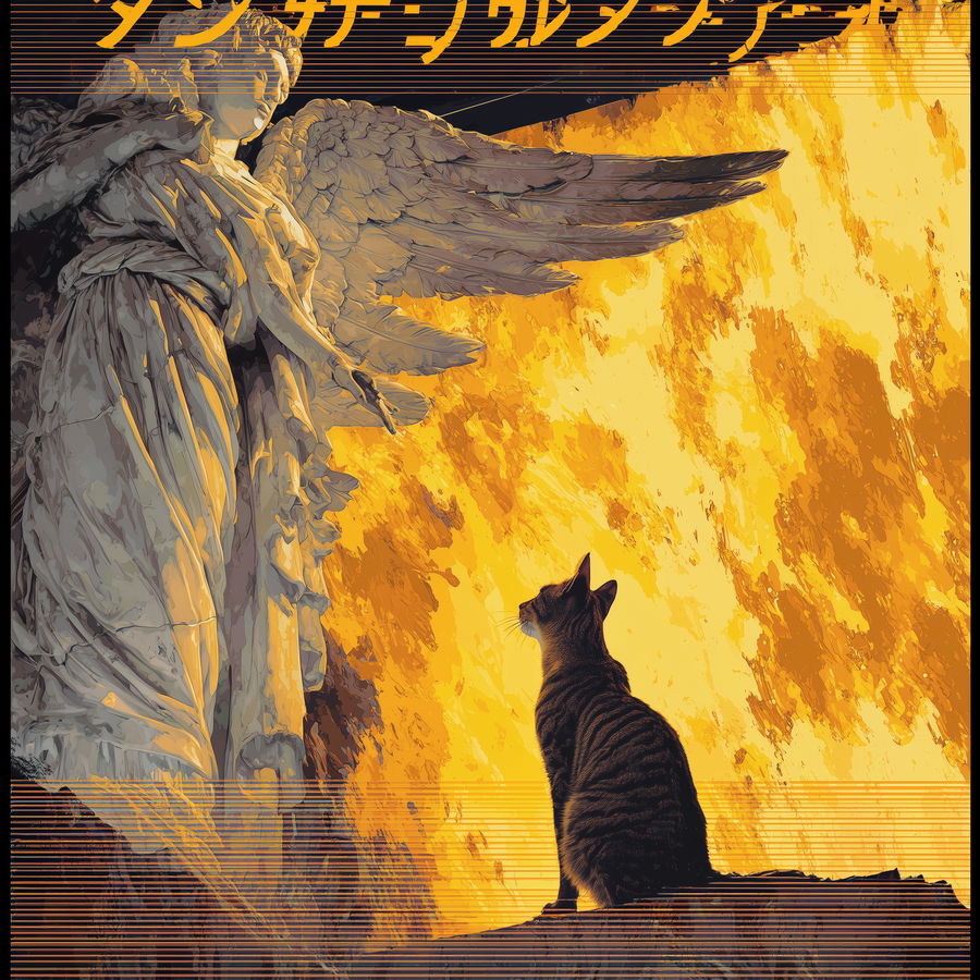 Brown tabby cat watches Winged Victory sculpture in dramatic light