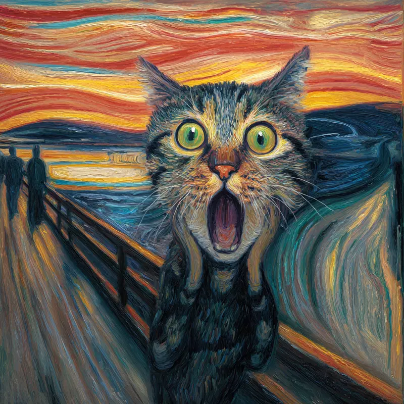 Tabby Cat Oil Painting in The Scream Style for Unique Decor