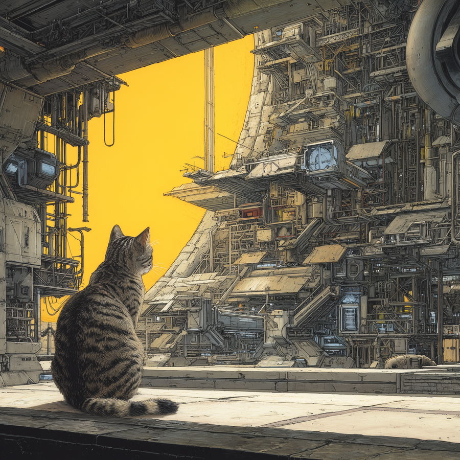 Brown tabby cat gazing at yellow light in futuristic factory