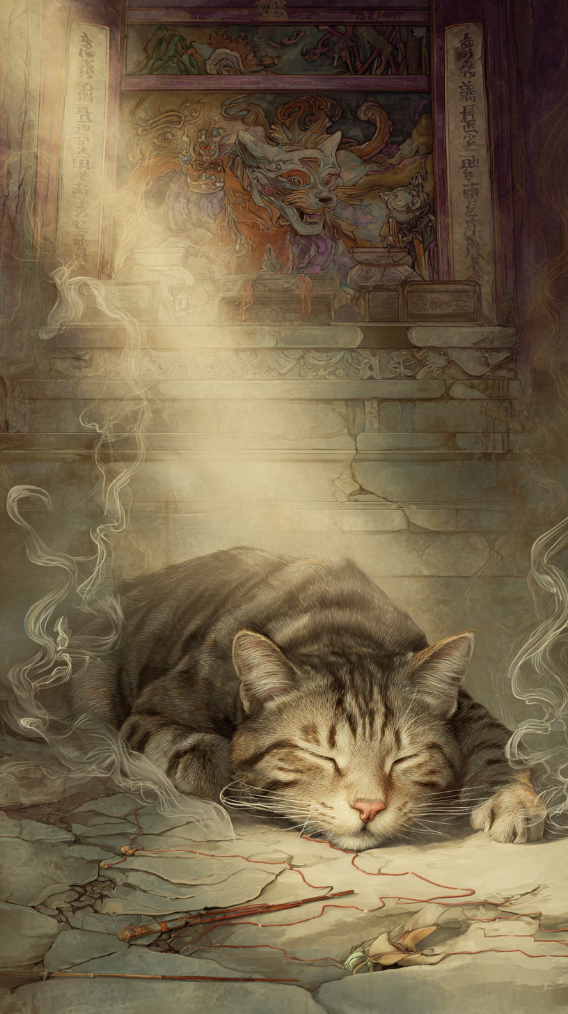 Tabby cat on boy's head in mystical shrine