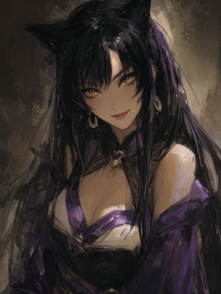 Teenage girl with cat ears in purple robes smiling