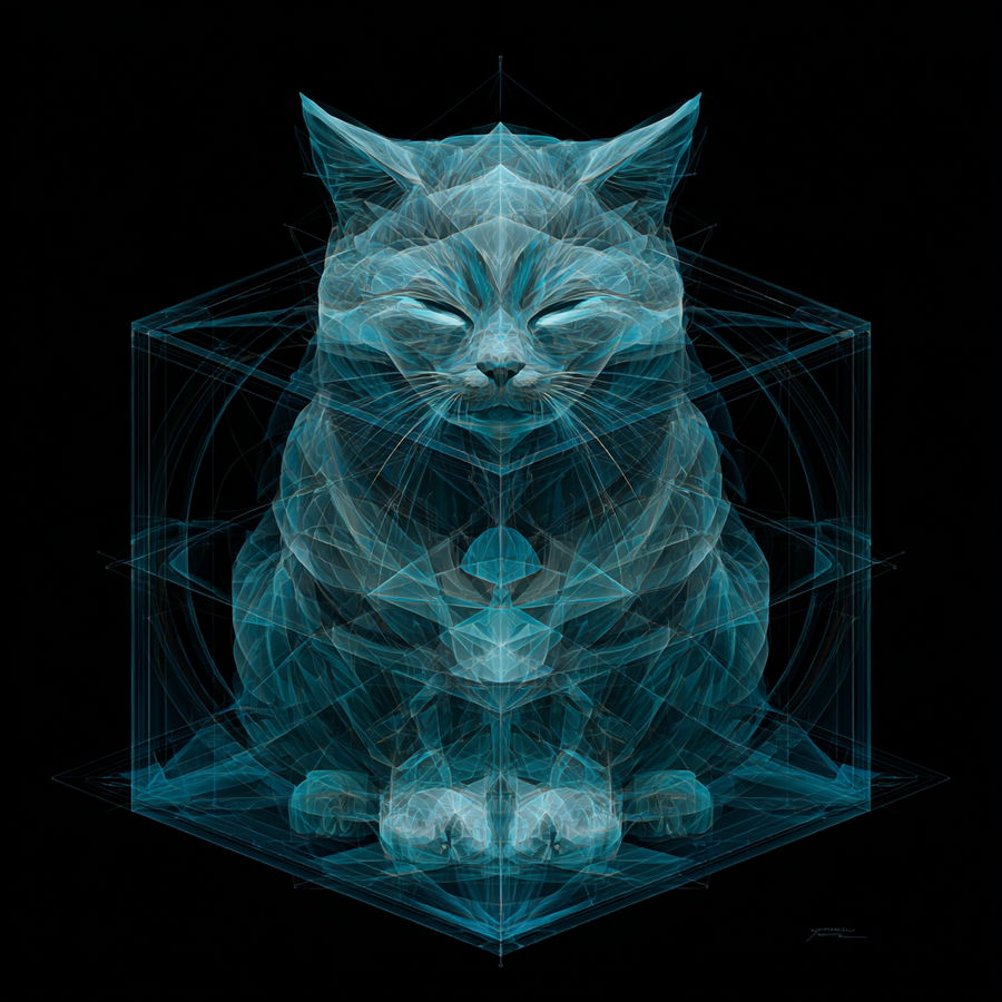 Serene feline tesseract with luminous geometry and calm expression