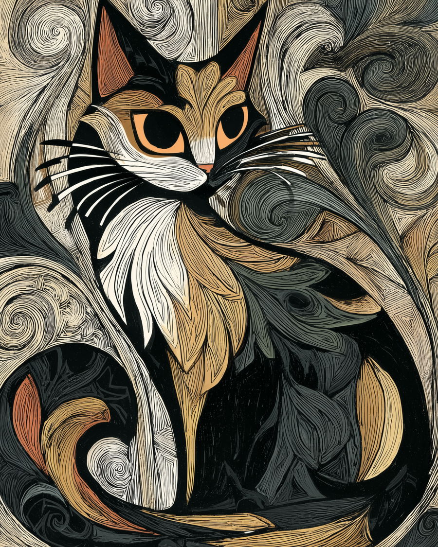 Tortie cat in vibrant José Clemente Orozco style art