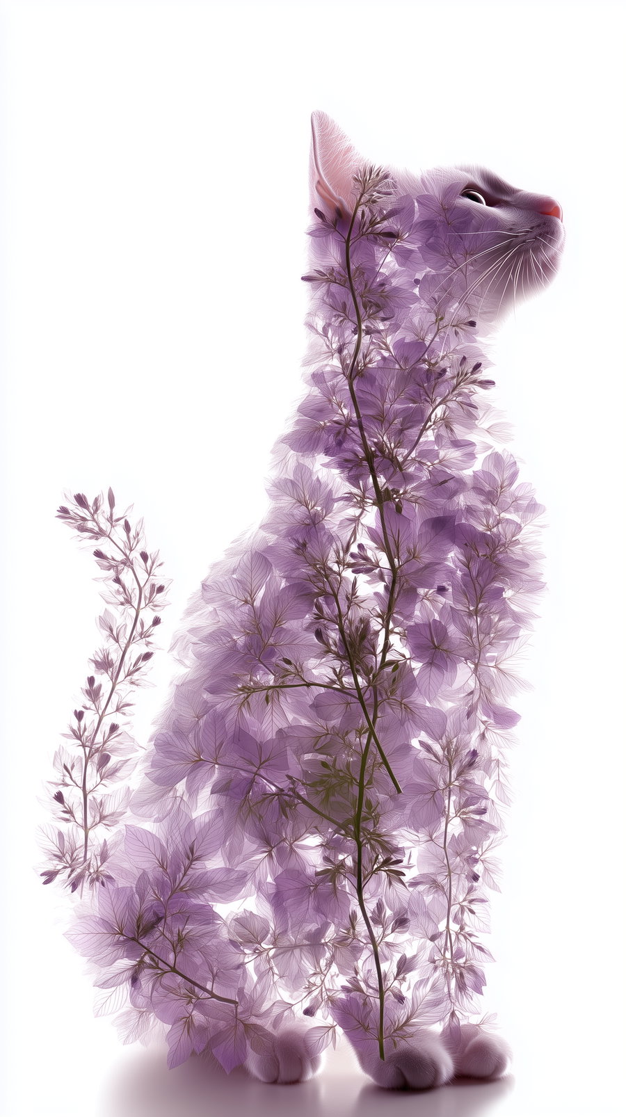 Transparent cat made of pale purple flowers on white background