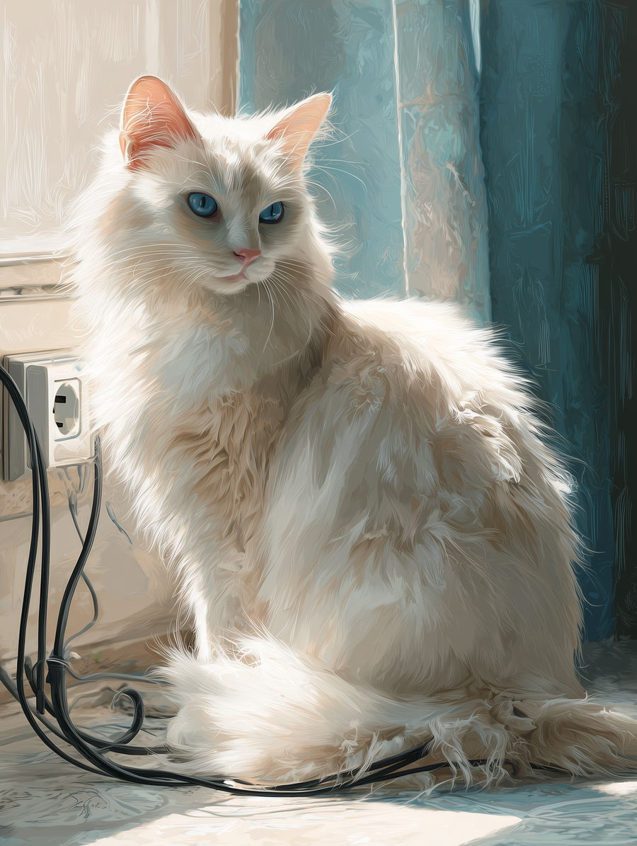 Türkisch Angora Katze mit aufgeladenem Fell im Wohnzimmer