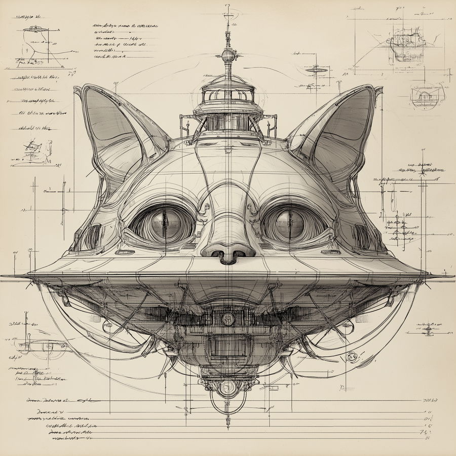 Giant cat-shaped UFO hovering over a lush landscape