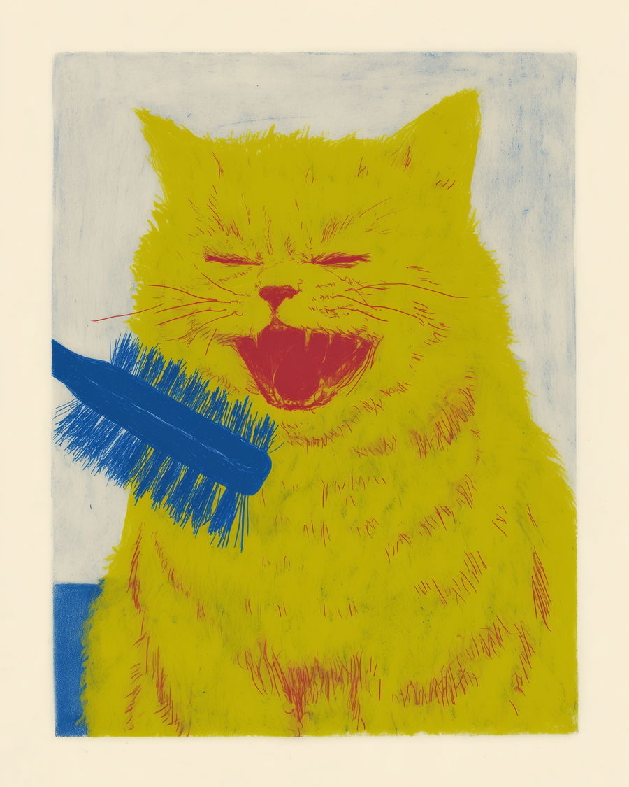 Mustard yellow cat in distress during grooming with brush
