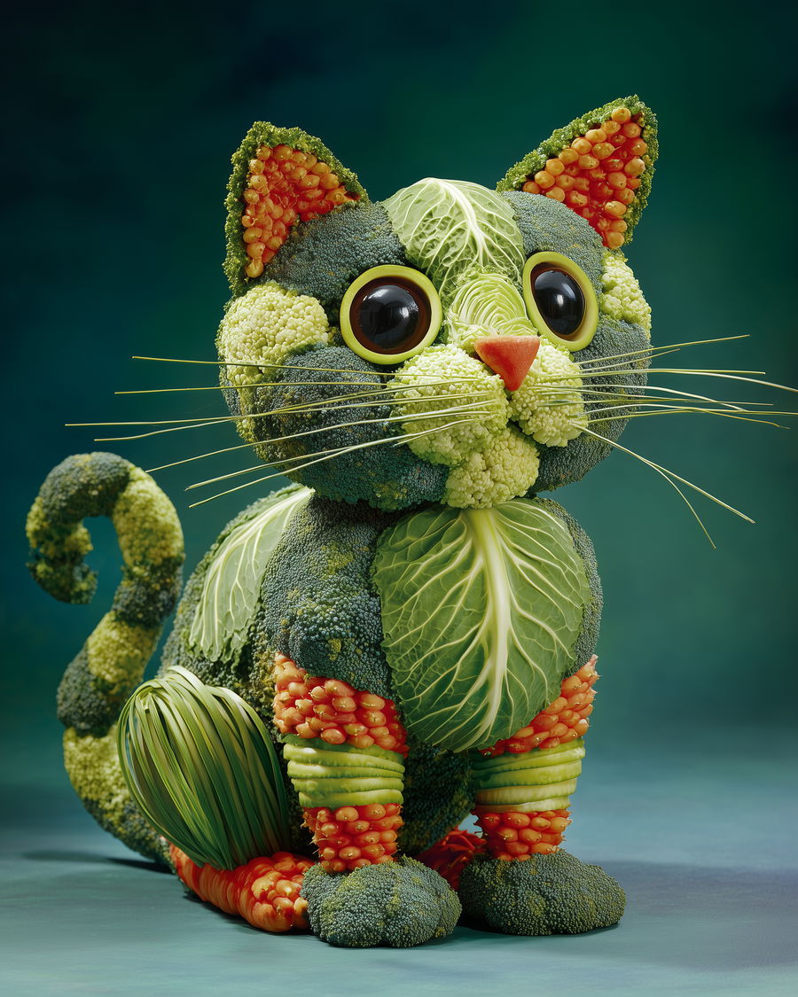 Hyperrealistic cat sculpture made from colorful vegetables and greens