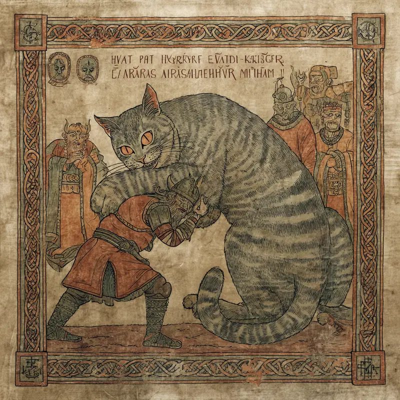 Medieval Viking Art: Thor and the Mythic Cat Illustration Inspiration