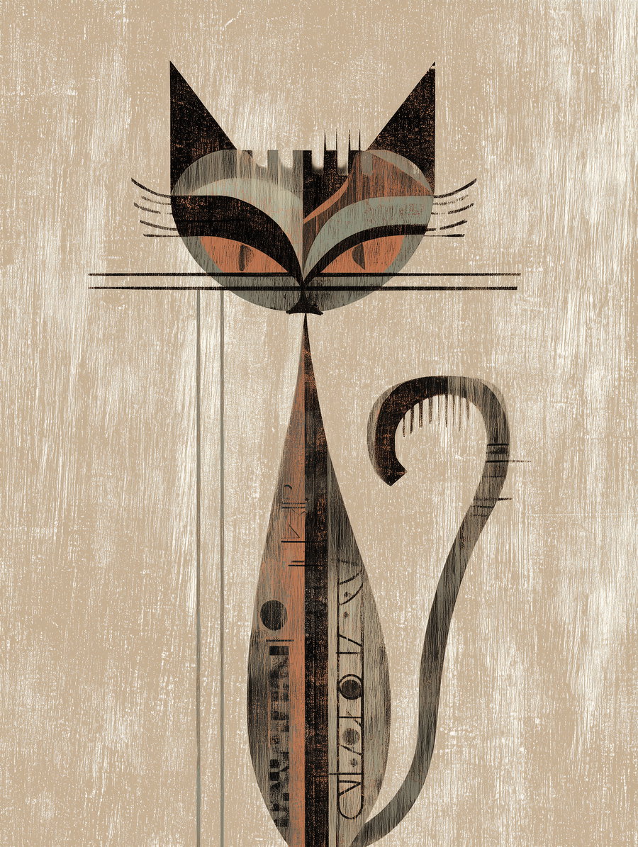 Vintage 1950s atomic cat illustration with geometric design