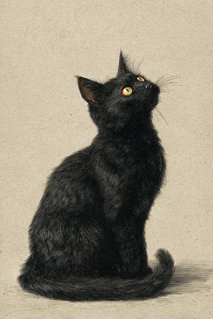 vintage scientific illustration featuring a black cat in nature