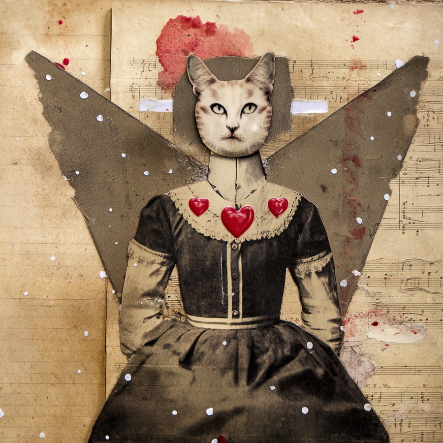 Vintage cat paper doll portrait with hearts on ledger background
