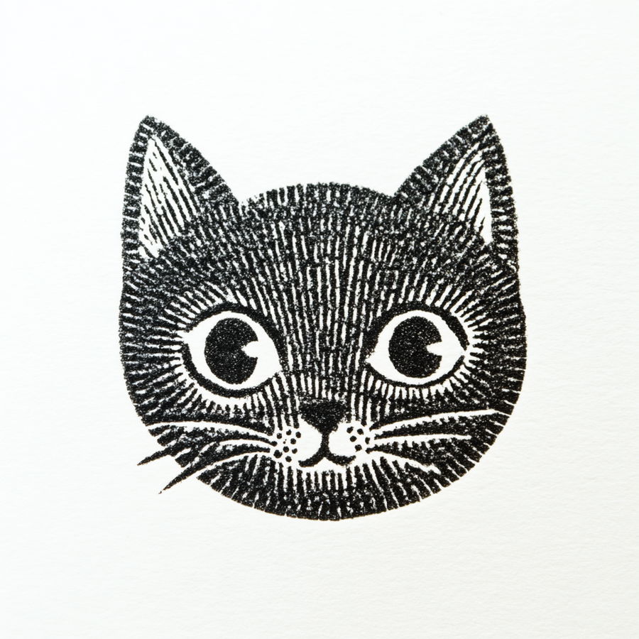 Monochrome vintage lino print of a cute cat face