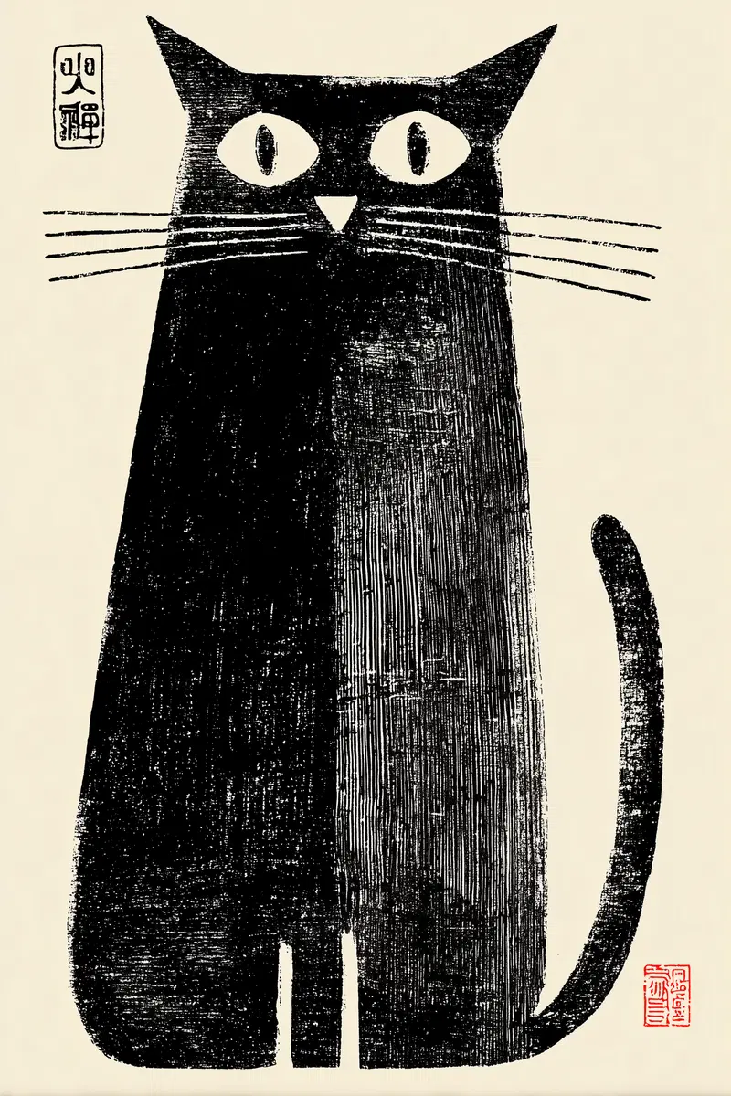 Vintage Japanese Cat Stamp Art for Minimalist Decor Inspiration
