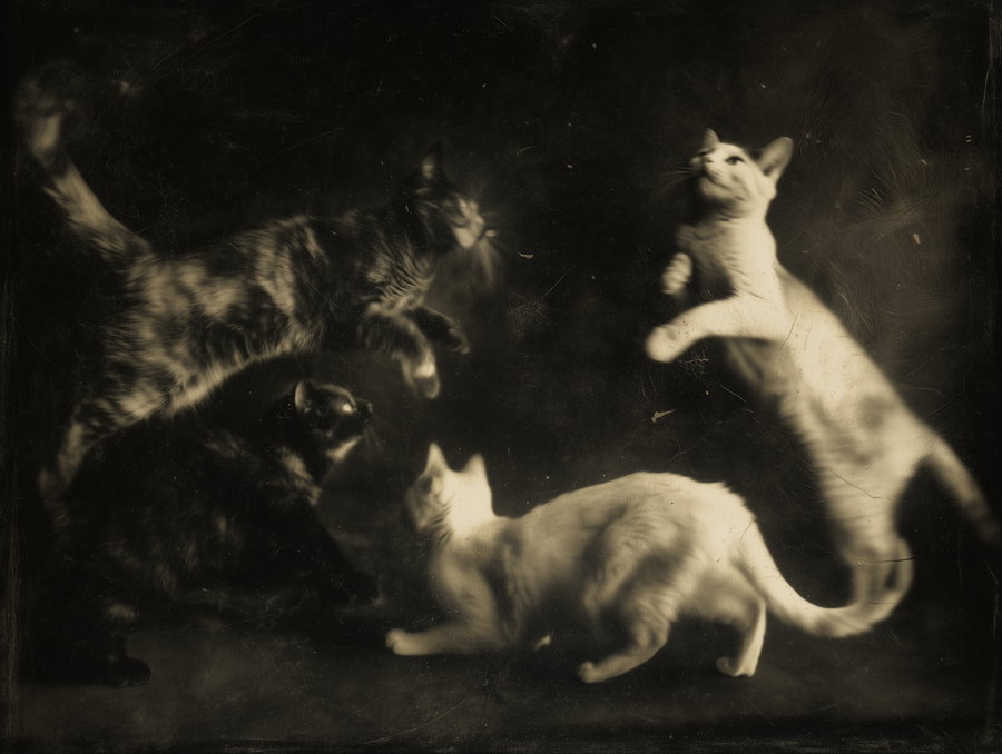 Dynamic cats in vintage film style with mottled texture