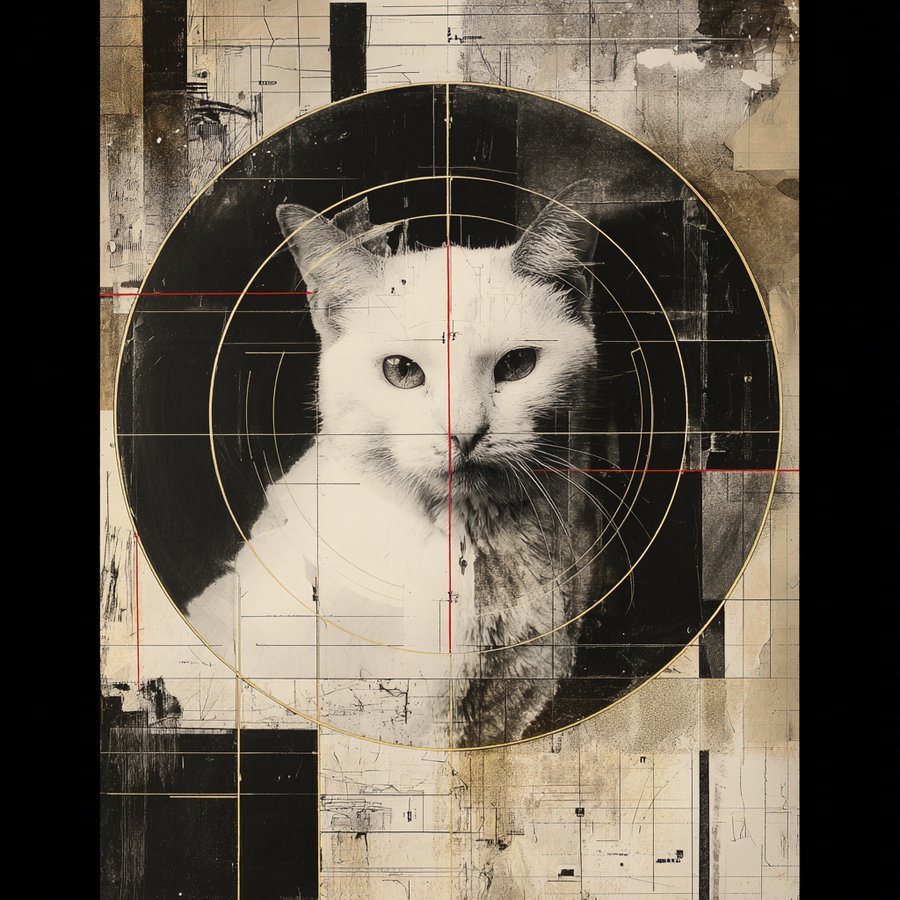 Vintage portrait of white cat in charcoal circle