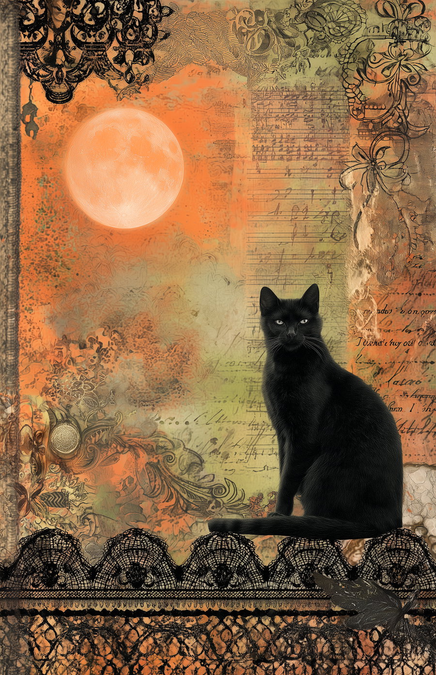 Vintage Halloween cat on ornate journal page with lace edges