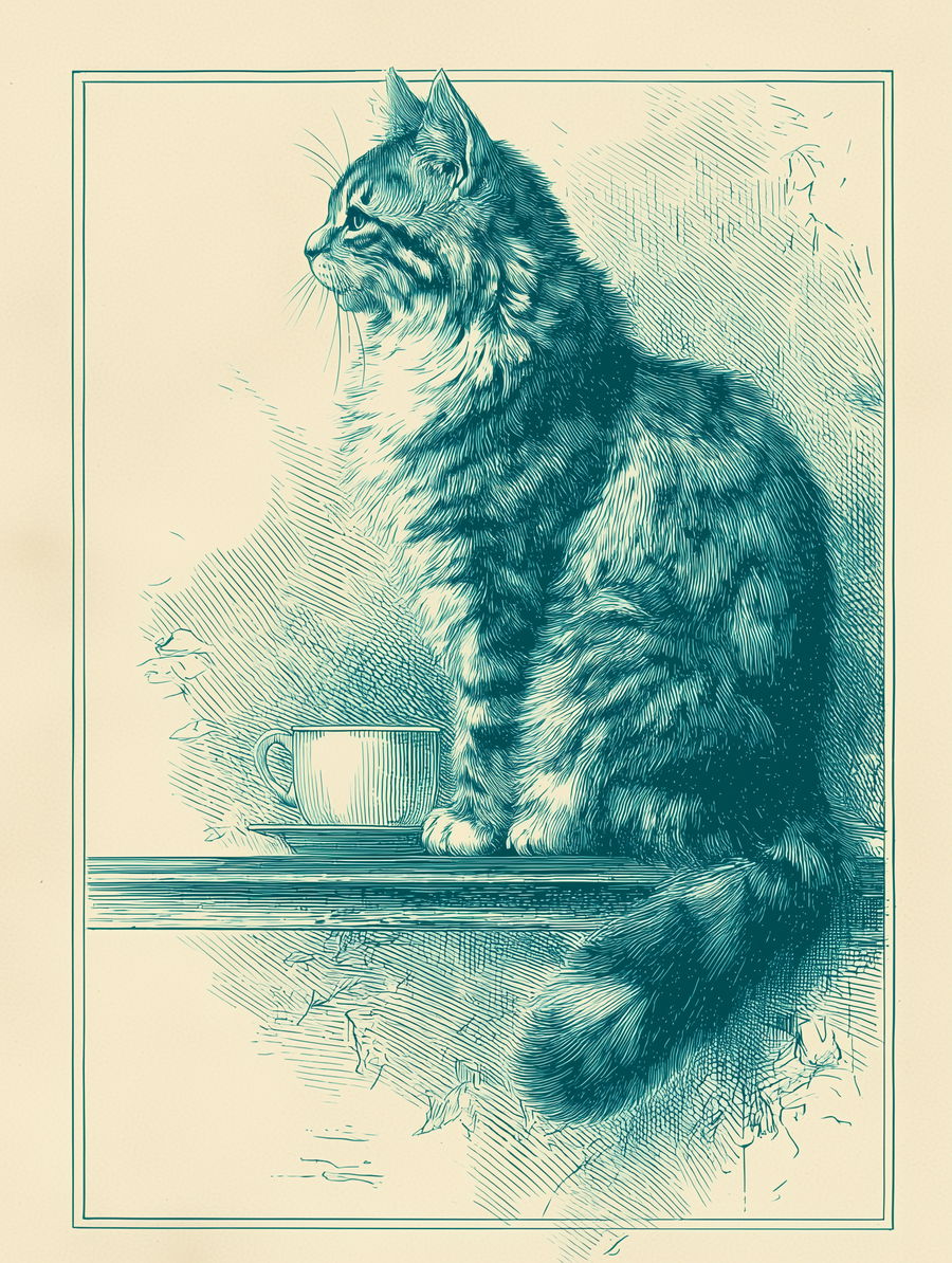Vintage tabby cat knocking over cup on table