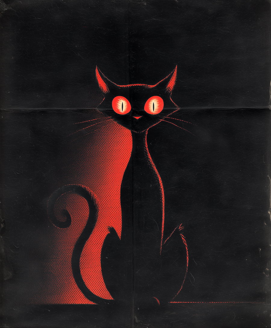 Vintage poster featuring a vampire cat on black background