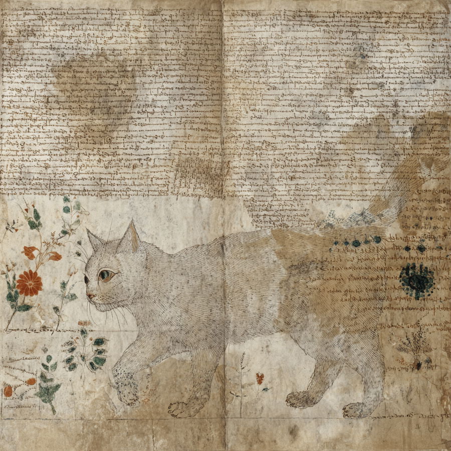 Three whimsical cats among ancient manuscript illustrations