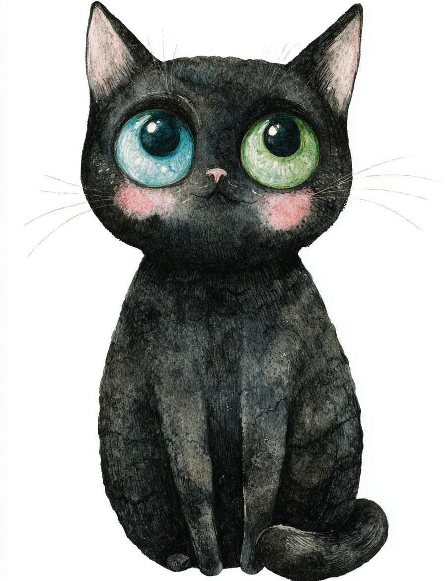 Photorealistic watercolor black cat with green eyes on white background