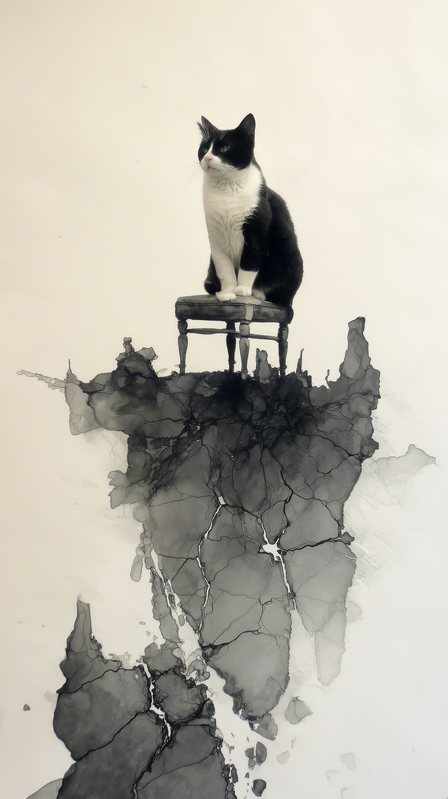 Cracked ink throne with tuxedo cat in watercolor landscape