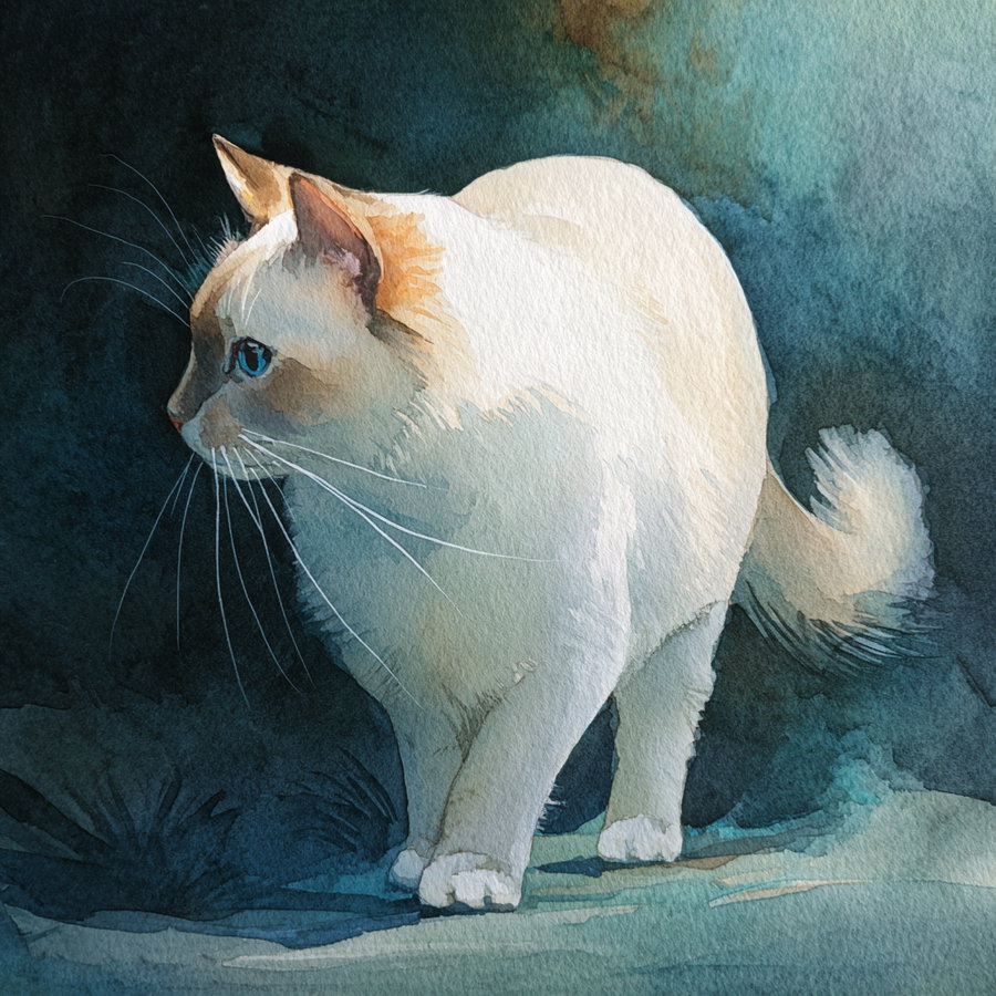 White Birman cat with orange accents in watercolor sketch
