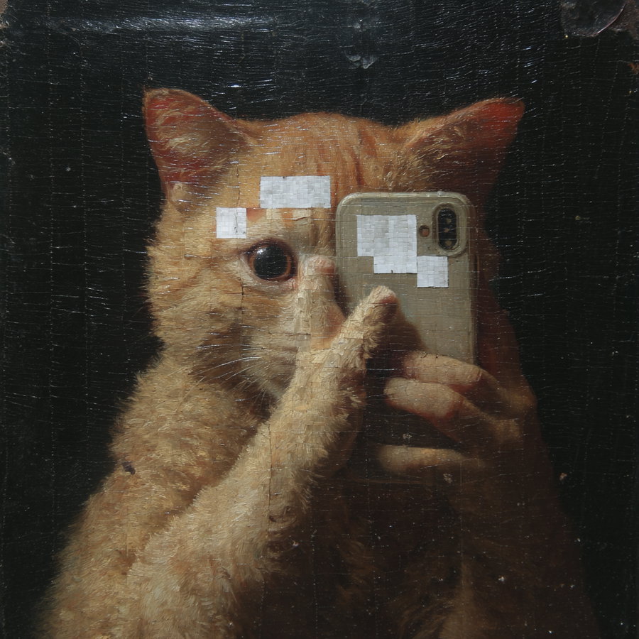 Orange cat with human eyes taking selfie on glass