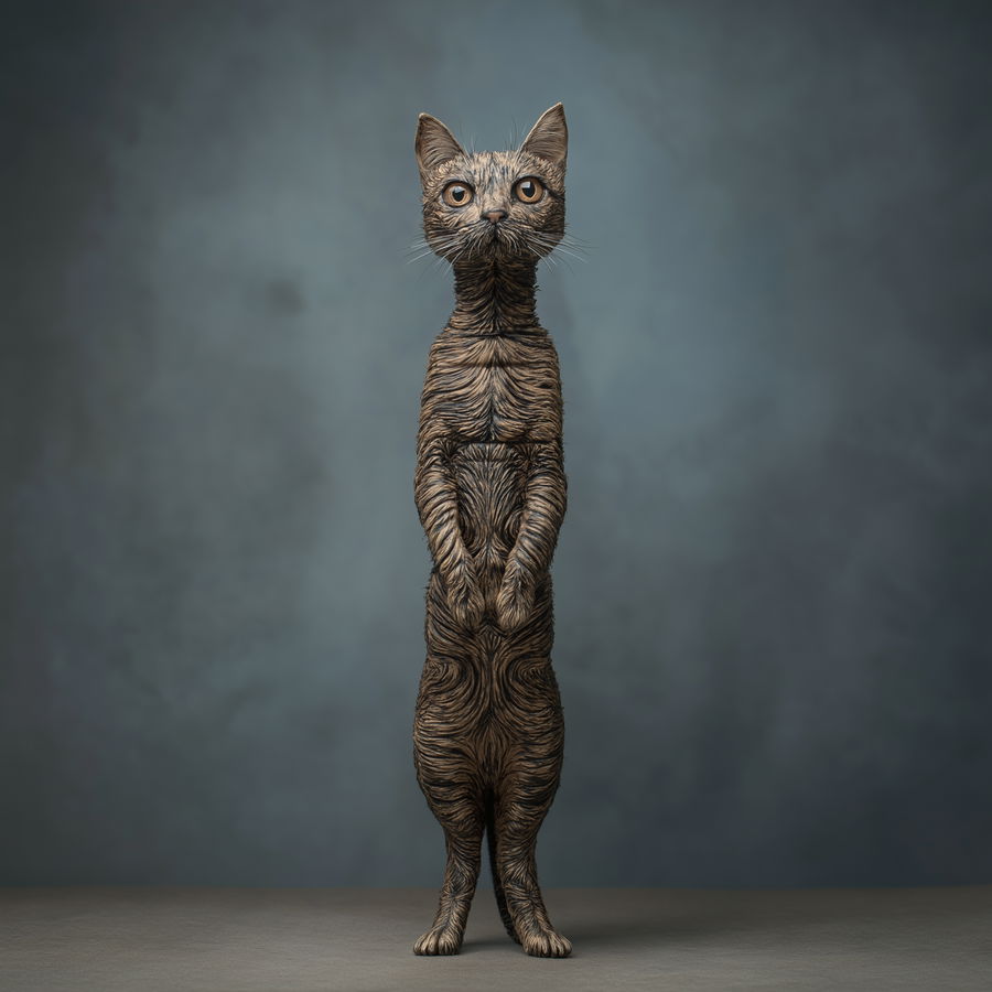 Full-body view of a strange cat with unique features