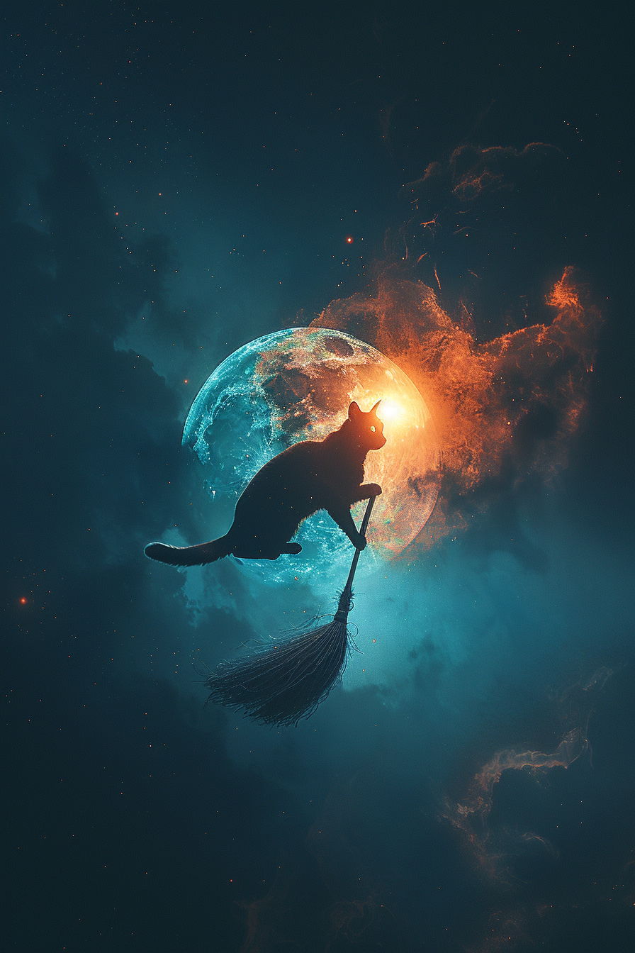 Black cat on broomstick flying under full moon