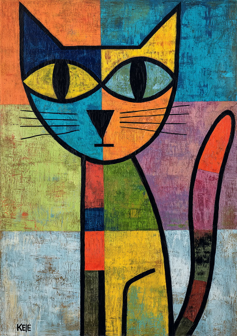 Whimsical Klee-inspired cat in colorful abstract acrylic art
