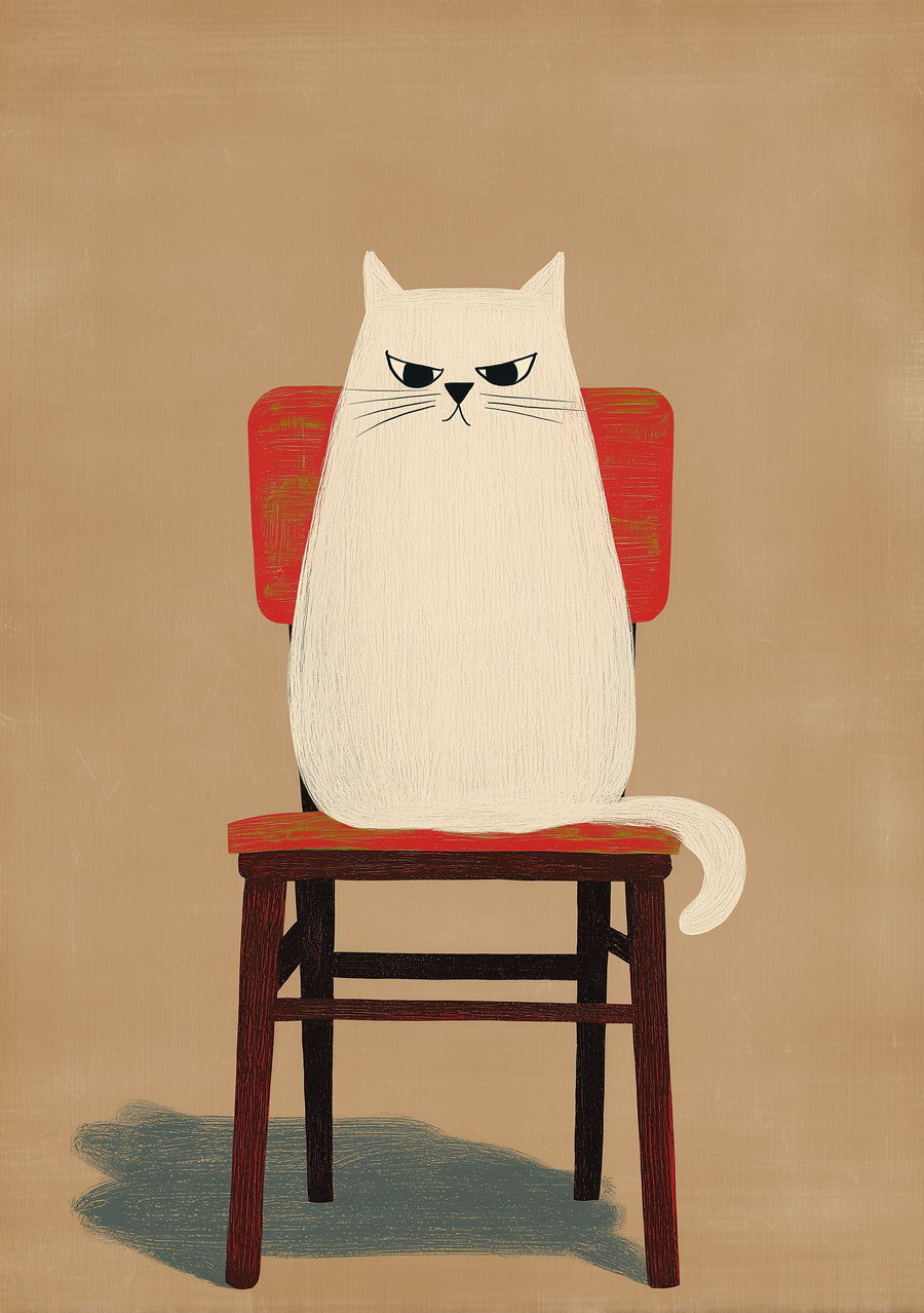 Grumpy black cat on red chair with textured gouache effect