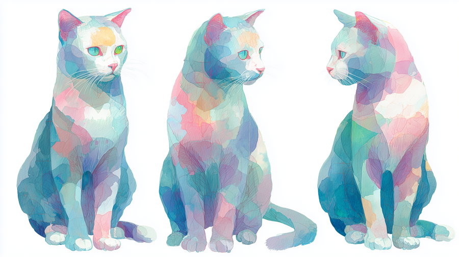 Whimsical cat illustration in pastel watercolor style three views