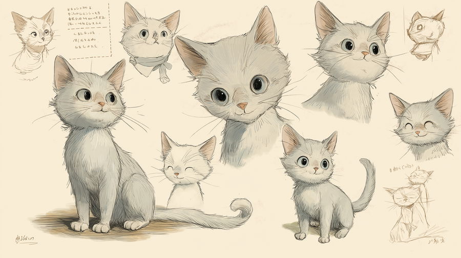 Light gray cat character sheet in Ghibli style illustrations