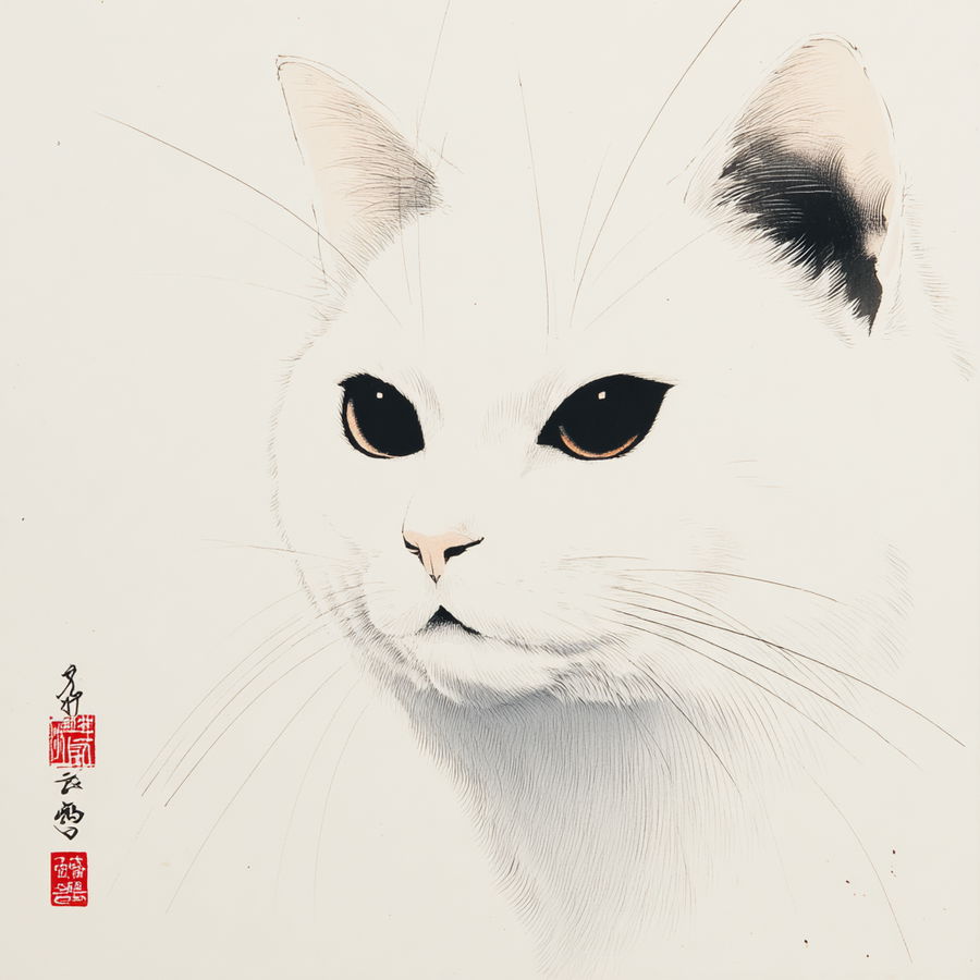 White cat in sumi-e style by Matsumoto Hoji